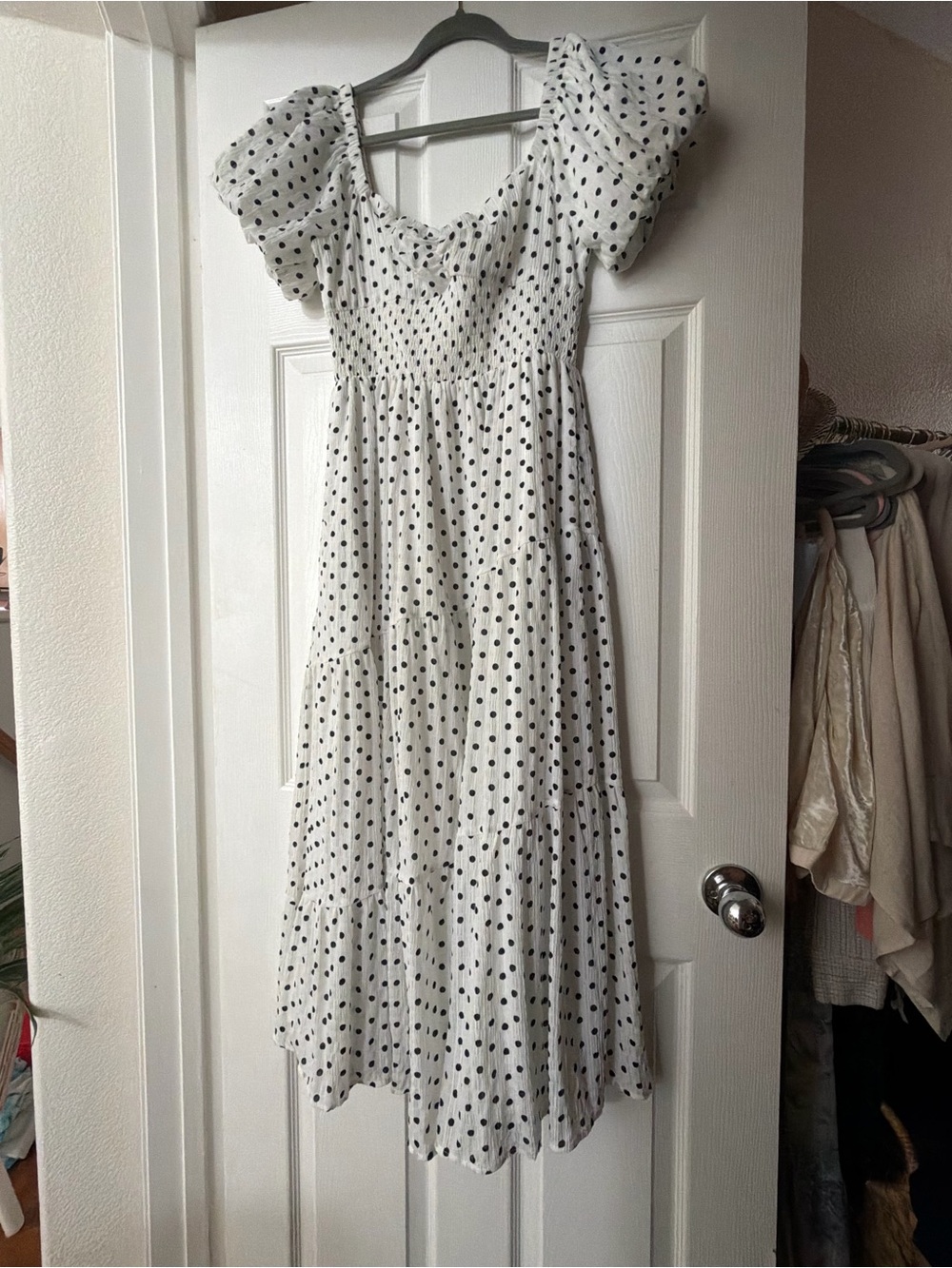 Lush White Midi Dress with Black Polka Dots